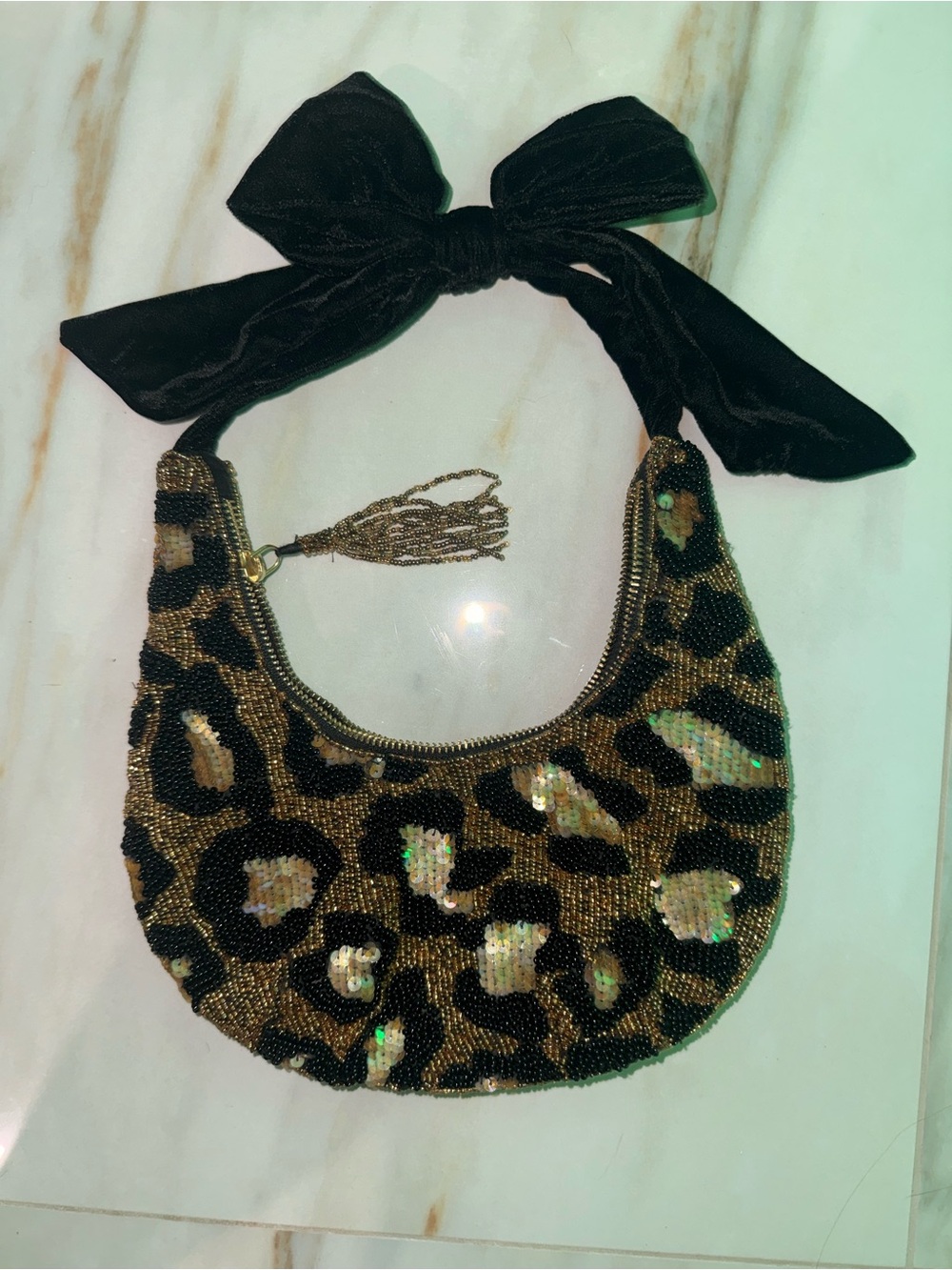 Leopard print sequin velvet strap purse